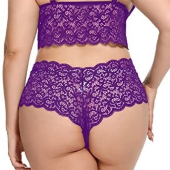 Women's Plus Size Purple Lace Mesh Floral Underbust Band Bra Panty Lingerie Set - Picture 3 of 5